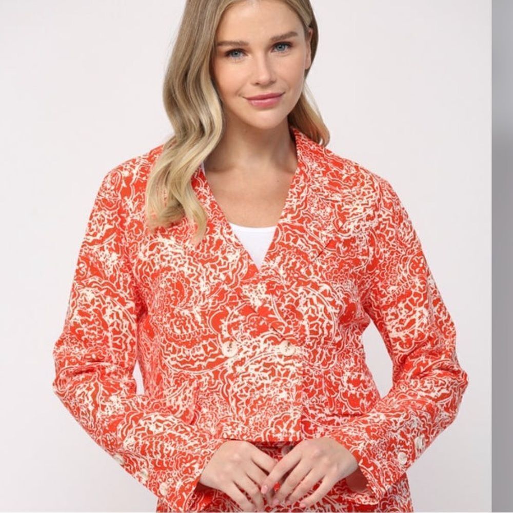 FATE Red Orange Cotton Linen Abstract Floral Cropped V Neck Spring Blazer NEW